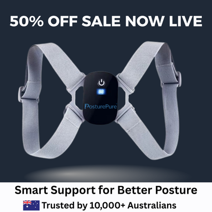 Posture correction device with 'PosturePure' branding on a dark background, featuring a sale promotion.