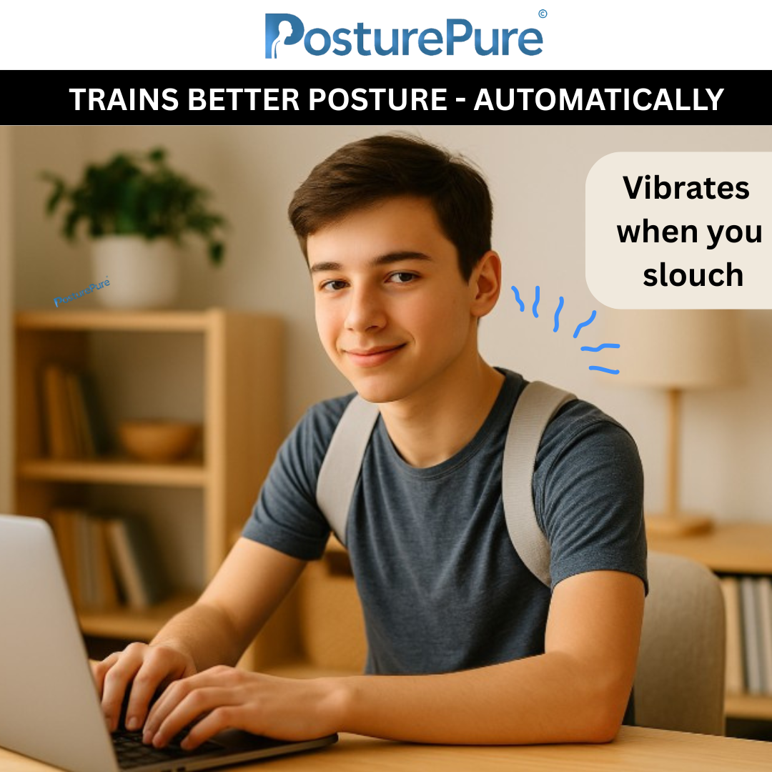 Person using a laptop with PosturePure device, text indicating it trains better posture automatically.
